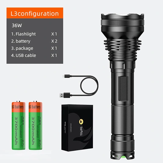 SUPERFIRE L3-P90 2700 lümen 36W zumlanabilir LED şarj edilebilir el feneri