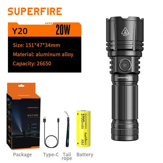 SUPERFIRE Y20 1200 lümen yüksek güç uzun menzilli el feneri şarj edilebilir
