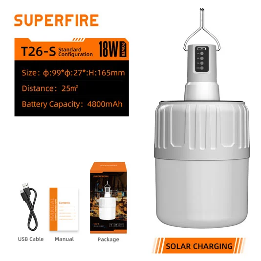 SUPERFIRE T26-S güneş şarj edilebilir LED kamp fener işık