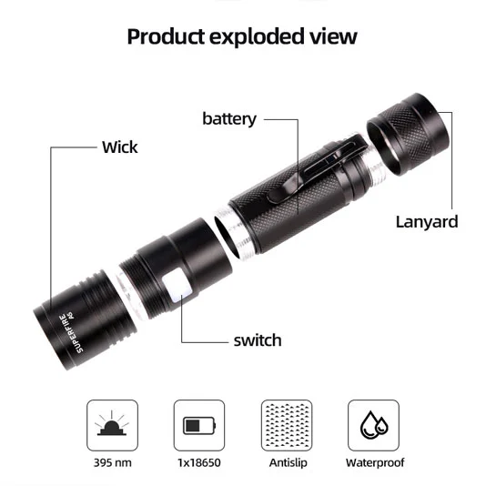 SUPERFIRE A5 Waterproof su geçirmez küçük el siyah UV meşale ışığı