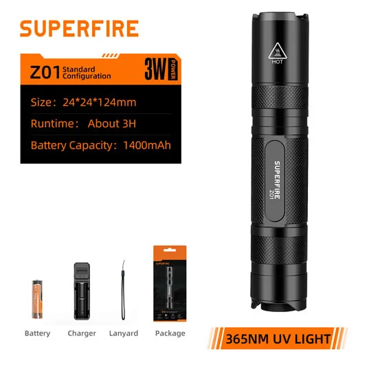 SUPERFIRE Z01 şarj edilebilir 365nm UV meşale